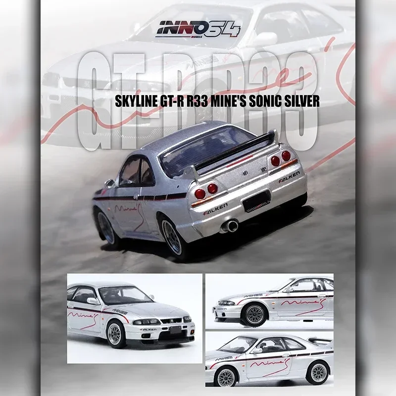 

INNO In Stock 1:64 Nissan Skyline GTR R33 Tuned Mine`s Silver Diecast Diorama Car Model Collection Miniature Toys