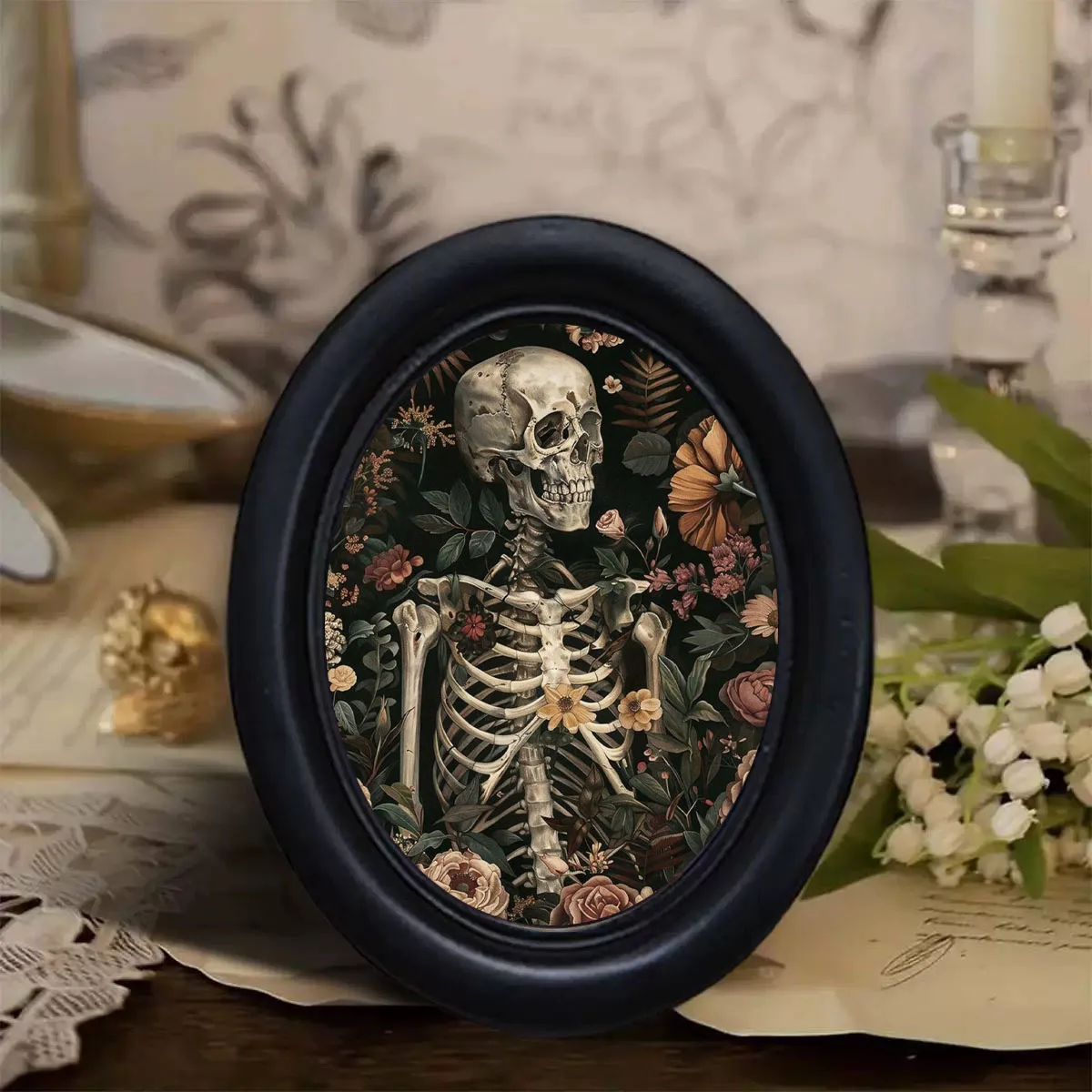 1 Piece of Vintage Floral Skull Wall Decoration, Wooden Oval Frame Wall Decor, Dark Gothic Style Halloween Tabletop Decoration, Dark Retro Holiday Decoration Gift for Bedroom and Living Room - view 4