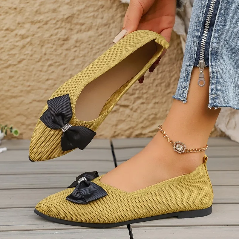 

Autumn New Pointed Toe Shallow Mouth Slip-on Non-Slip Low-Top Single Shoes Bow Knot Cloth Shoes