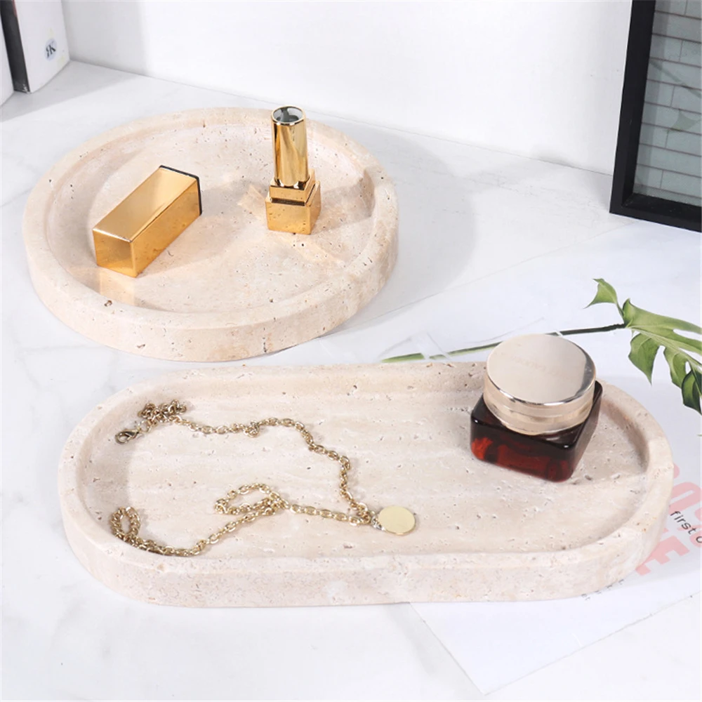 European Marble Round Tray Simple And Fashionable Travertine Jewelry Necklace Perfume Ring Storage Tray Creative Home Art