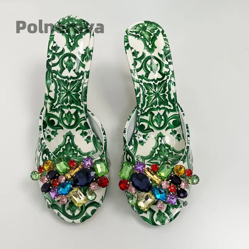 High Heeled Prints Jewel Slippers for Women Bohemian Colorful Crystal Open-Toe Stiletto Blue Green Summer Vacation Shoes view 5