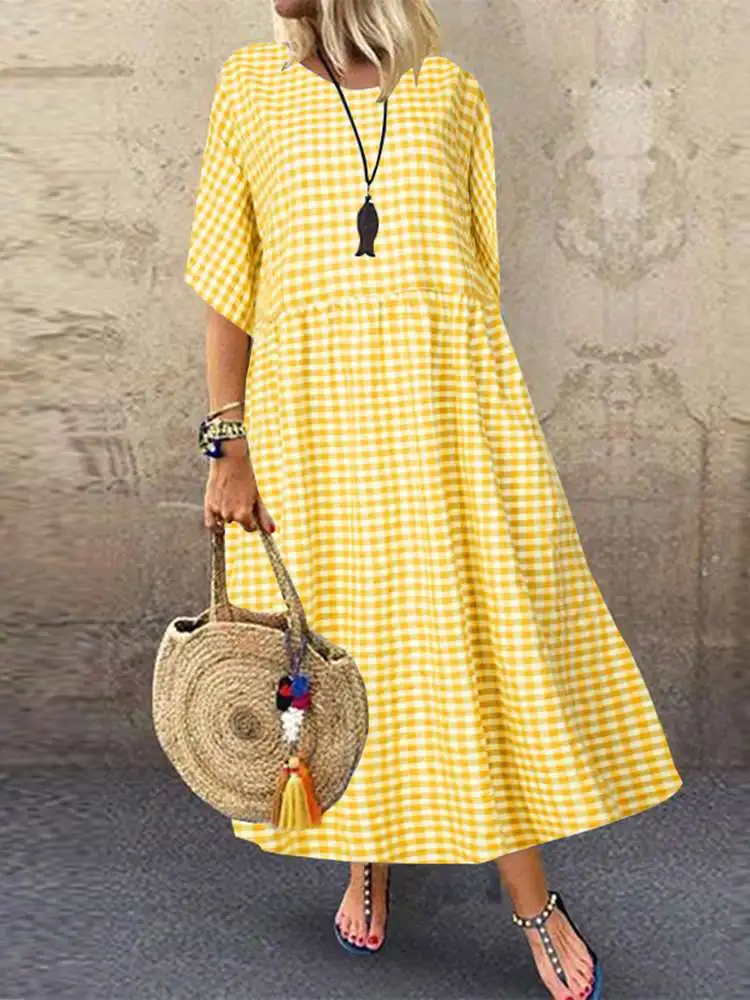 2023 ZANZEA Bohemian Check Maxi Dress Women's Sundress Casual Half Sleeve Tunic Vestidos Female Plaid Shirt Robe