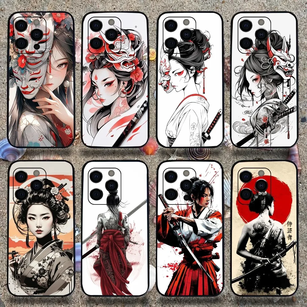 Samurai Warrior Geisha Phone Case For Apple iPhone 15,14,13,12,11,Pro,X,XS,Max,XR,Plus,Mini Soft  black shell