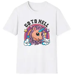 Men Go To Hell Funny Rude Unicorn Anti-Social Slogan Offensive Cute Fantasy Cotton Casual T-Shirt Print Tops Streetwear Women