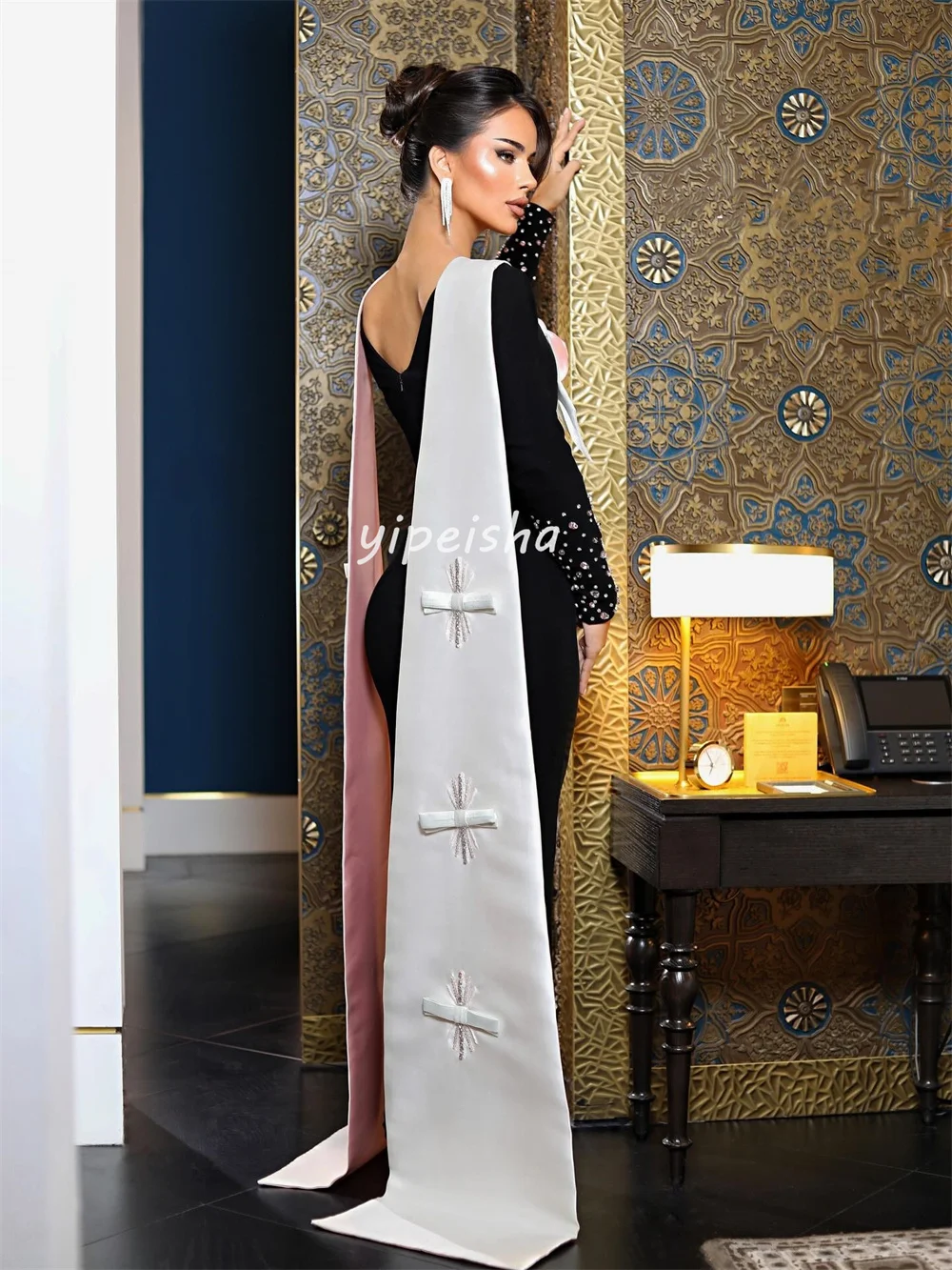 تخصيص رائعة مطابقة جيرسي اليدوية زهرة القوس حجر الراين مستقيم الخامس الرقبة فساتين طويلة فساتين السهرة رائعة الرجعية #4