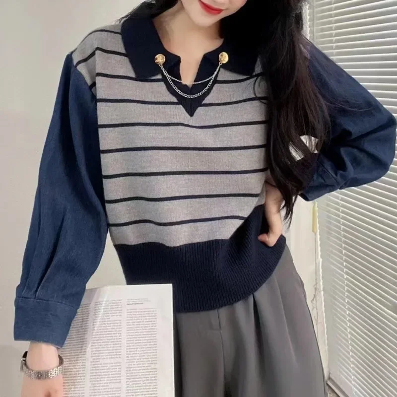 Women Preppy Style Denim Sleeve Patchworks Pullover Turn-collar Striped Sweater Knit Shirts Autumn Winter Loose Casual Jumpers