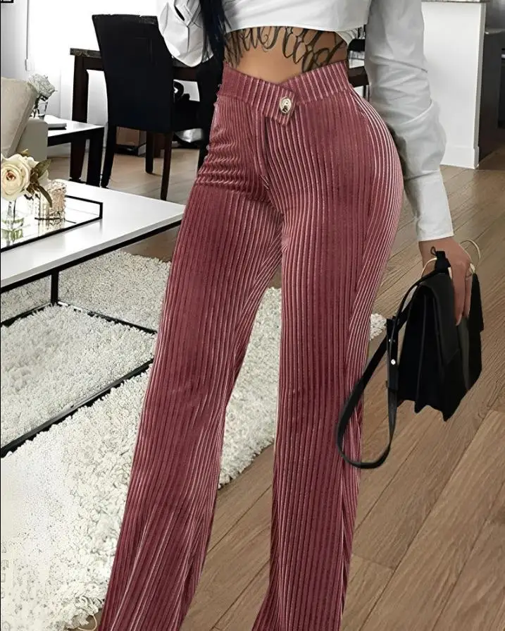 Denim Look Print Overlap Waist Work Pants Women Summer Spring Full Length Pants Trousers