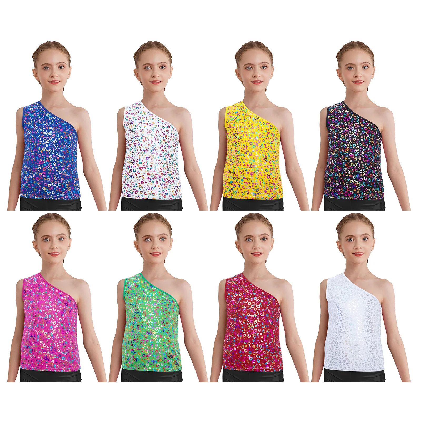 Kids Girls Metallic Leopard Latin Jazz Dance Vest One Shoulder Sleeveless Tank Top Studio Performance Costume