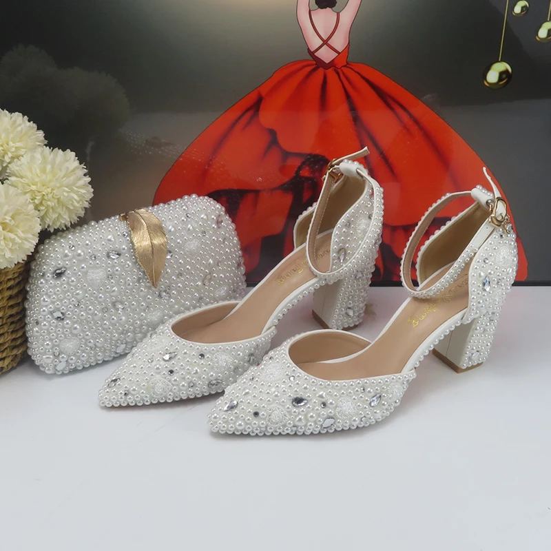 

BaoYaFang White pearl Women Bridal wedding shoes and Bag Pointed Toe Female Party Shoes Fashion Ankle Strap Thick Heel Pumps