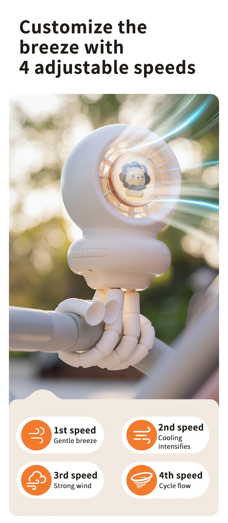 Tragbarer Kinderwagen-Ventilator, Octopus, USB wiederaufladbar, 3600 mAh, Schüttelkopf, zum Aufstecken, abnehmbarer Desktop-Handheld, Mehrzweck-Mini-Ventilator