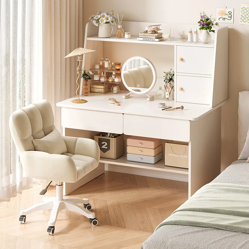 

Комод для небольшой квартиры/спальни, кремовый, многофункциональный, с выдвижной полкой для хранения и встроенным туалетным столиком.