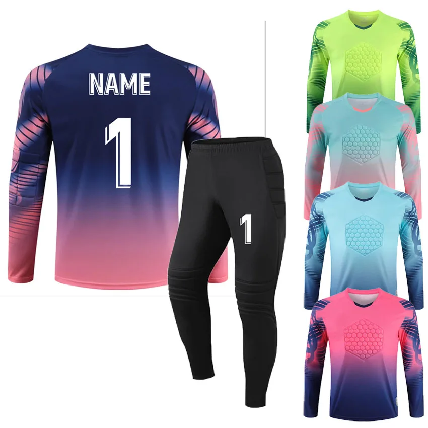 Men Football Goalkeeper Uniforms Suit, Adult Kids Soccer Jerseys Sets Long Sleeve Protective Sponge Soccer Shirt Pants Sports