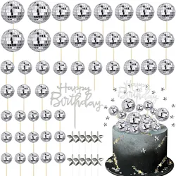 56PCS DIY Disco Ball Cupcake Toppers Acrylic Happy Birthday Cake Topper Star Cake Toppers 70's Disco Cake Centerpiece Decor
