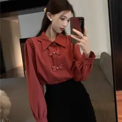 Retro Fashion Chinese Style Buttons Blouse Ladies All-match Solid Color Turn-down Collar Long Sleeve Shirts Women Clothes Tops