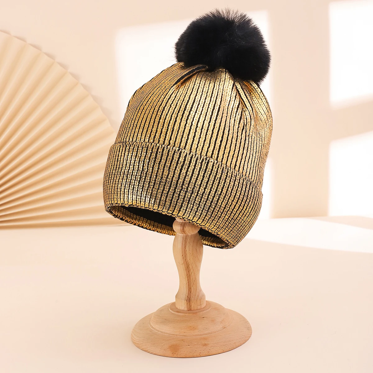 Street party style gold-stamped vertical stripe fringed pompom knitted hat for autumn-winter daily use and music festival