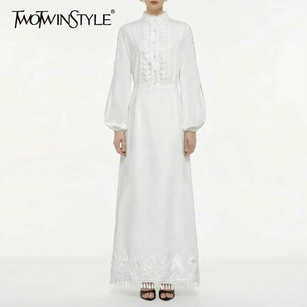 

TWOTWINSTYLE Slimming Spliced Single Buttons Two Piece Sets for Women Round Neck Long Sleeves Patchwork Tassel Skirt Set Female