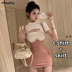 2 Pcs Sets Women Sweet Gentle Age-reducing Charming Hollow Out T-shirts Slit Mini Skirts New Sexy Girlish Fashion Summer Ulzzang