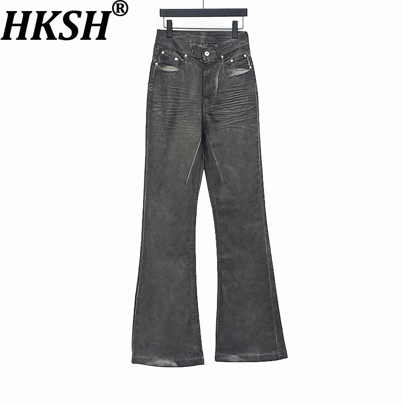 HKSH RO American Vintage Washed Slim Chic Stretch High Waist Casual Flared Jeans Floor-Length Handmade Waxed Denim Pants HK17931