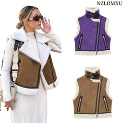 2023 Autumn Female Fashion Faux Leather Lambswool Patchwork Sleeveless Vest Jacket Thickening Warm Zip Waistcoats Coat