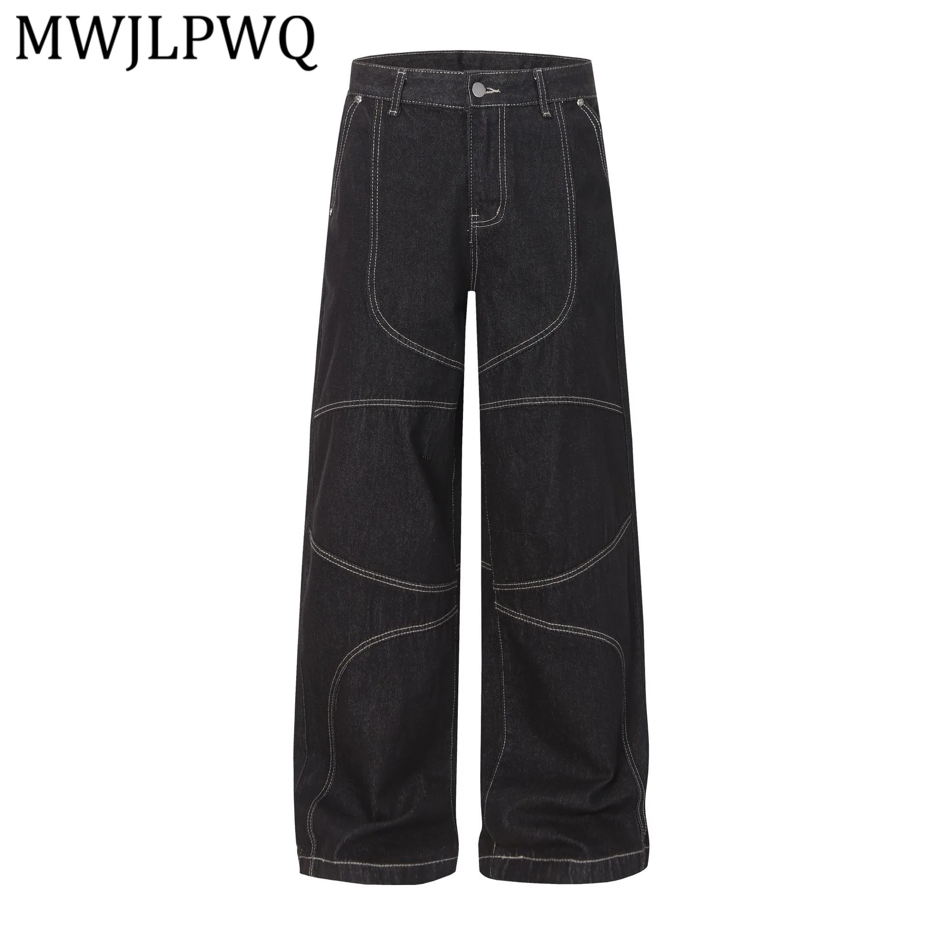 

MWJLPWQ American High Street Split Design Denim Pants Men's Lined Design Personality Straight Trousers 2026 Spring New 13590