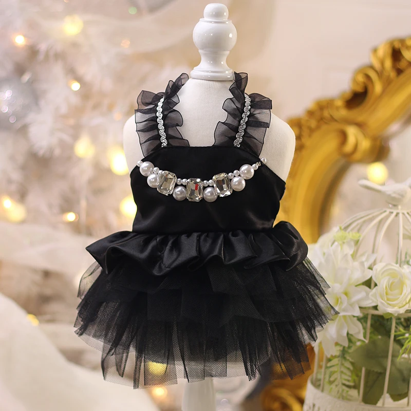 Trendy Black White Wedding Dress For Small Medium Dogs Summer Thin Pet Dog Cats Clothes Fashion Crystal Lace Sling Skirts Poodle