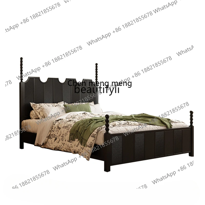 French Retro Chinese Style Solid Wood Bed Roman Column Double Master Bedroom American Light Luxury Carved Marriage Bed