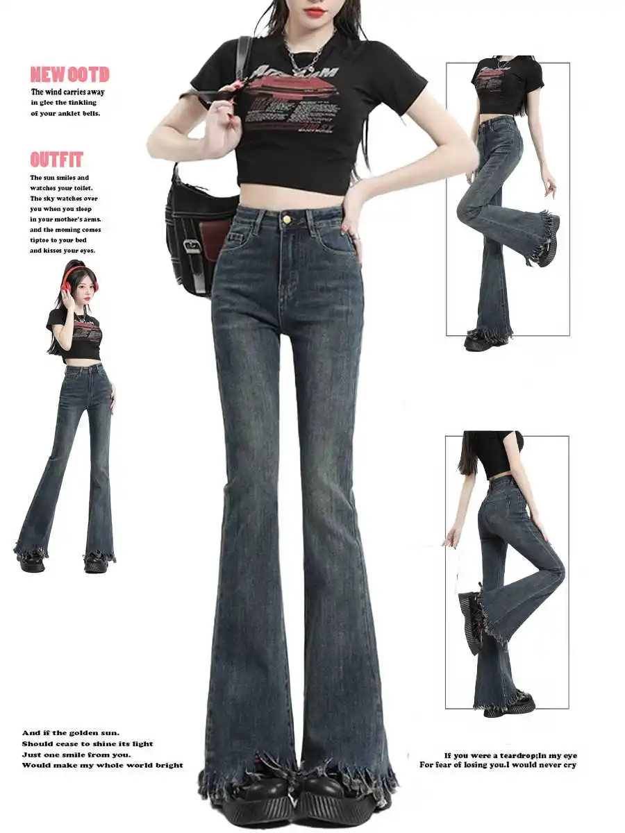 

Women's Denim Pants Korean Designer High Waist Bootcut Jeans Y2k Tassel Bell Bottom Harajuku Skinny Jeans Japanese Kpop Tide