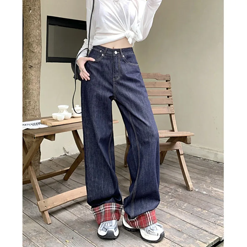 Spring Autumn New American Retro Spliced Jeans Streetwear Straight Pants Women's High Waist Korean Fashion Dongdaemun Woman