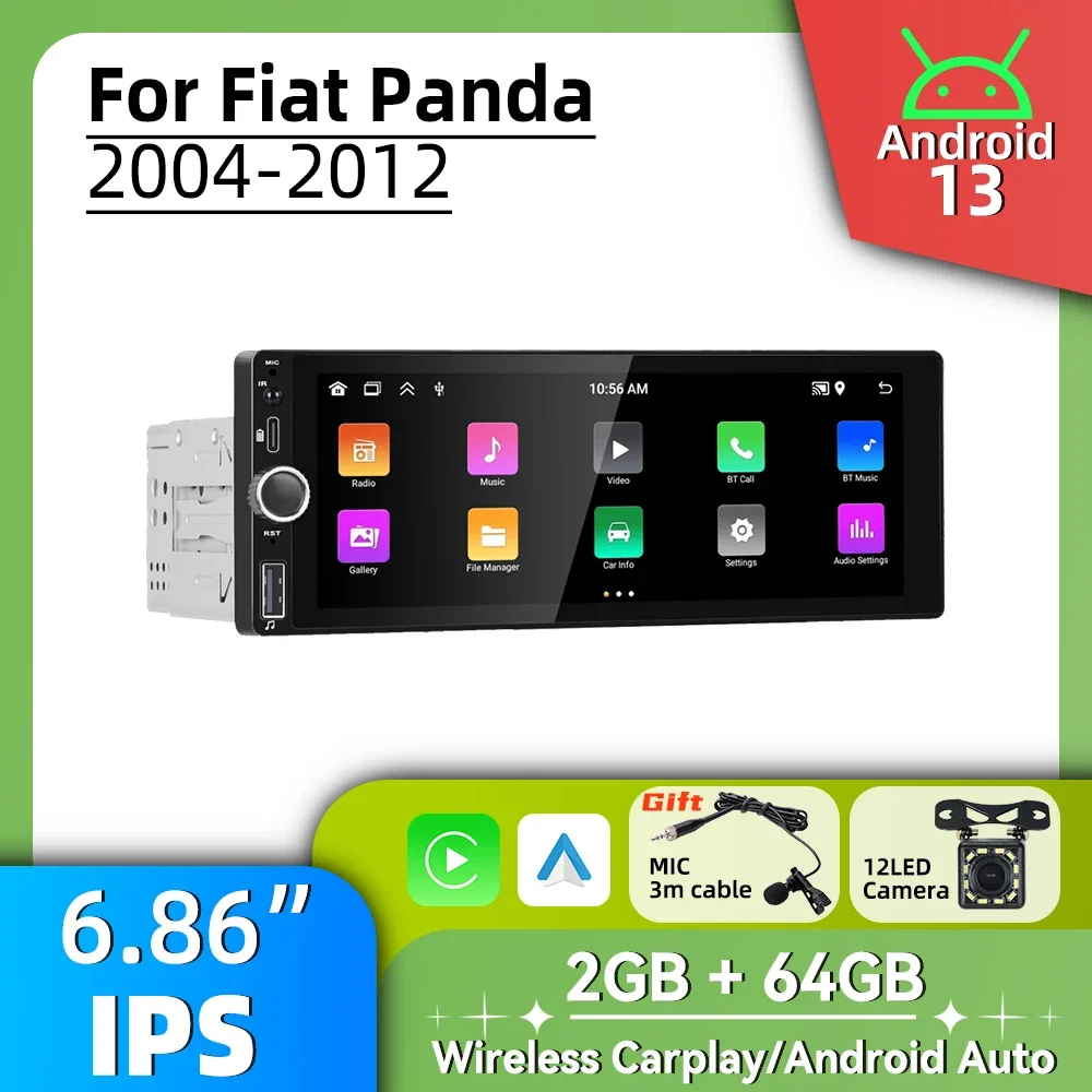 

Стерео-система на Android, экран 6,86 дюйма, для Fiat Panda 2004-2012 Carplay, Автомобильная Мультимедийная система на Android, 1 Din, радио, головное устройство, GPS, BT-навигация