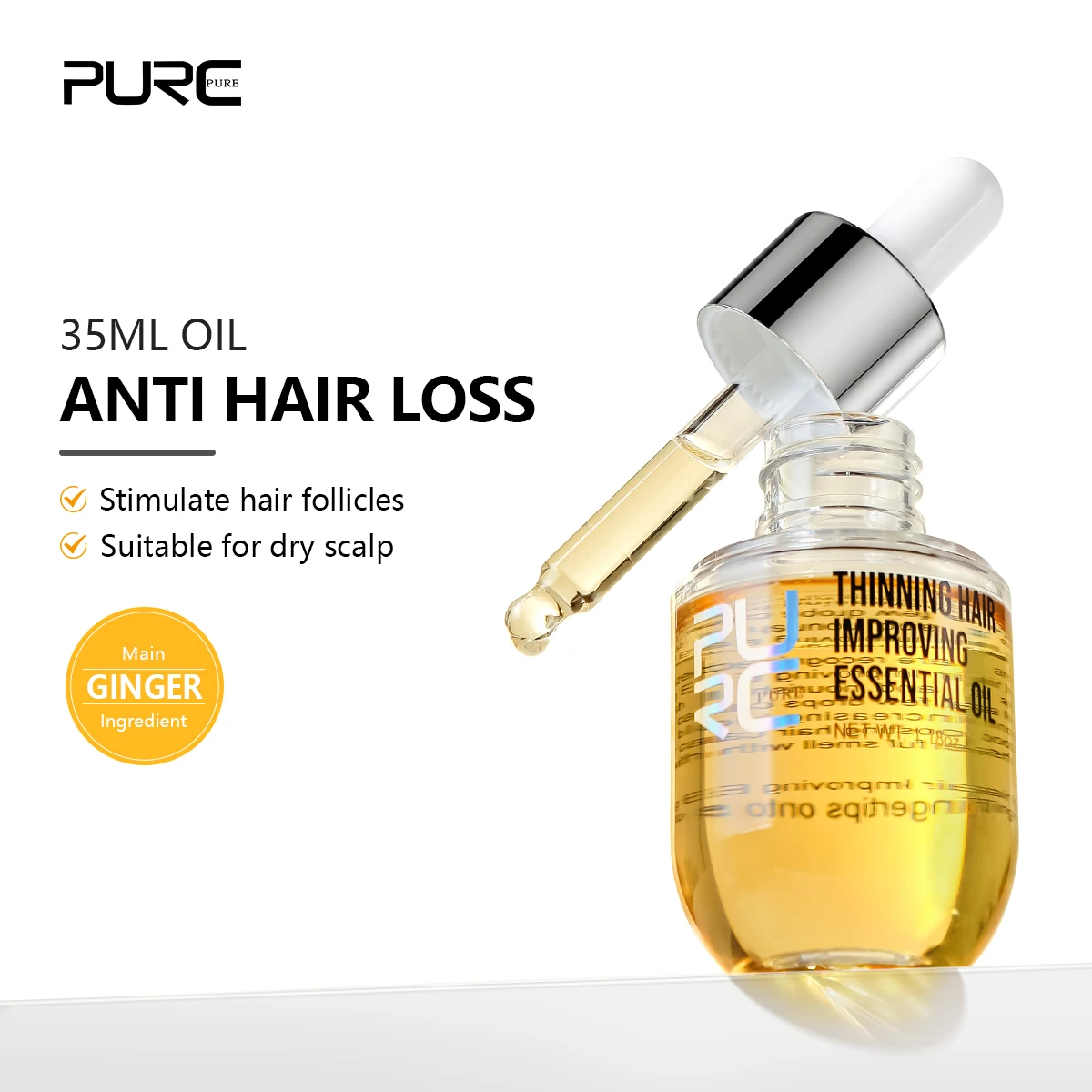 PURC-aceite para el cabello de jengibre, tratamiento grueso para el cabello, reparación suavizante del cabello dañado para hombres y mujeres, productos de suero, cuidado del cabello, belleza, 35ml