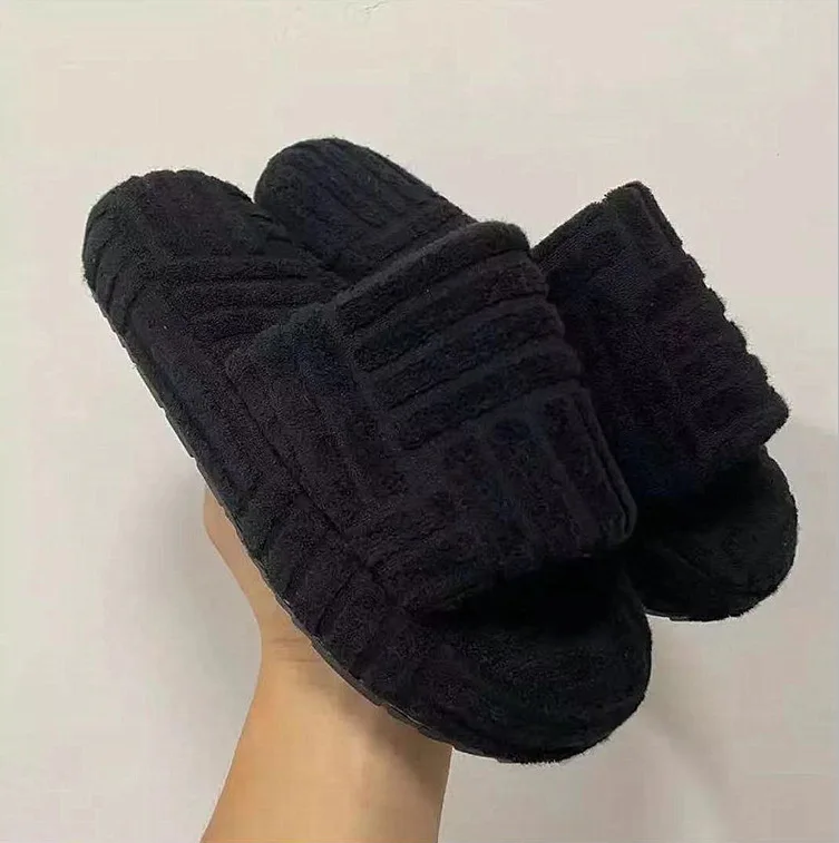 women new home slippers one-word thick-soled warm furry women shoes embossed cotton drag outdoor all-match casual slippers