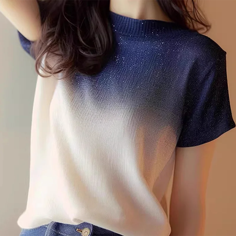 Camiseta de manga corta con degradado de alta calidad para mujer, top informal de estilo occidental con reducción de edad, nuevo diseño, moda de verano