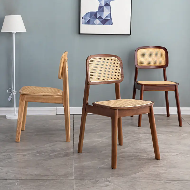 For Milk tea shop solid wood dining table and chairs retro home rattan chair casual dining backrest stool rattan chair