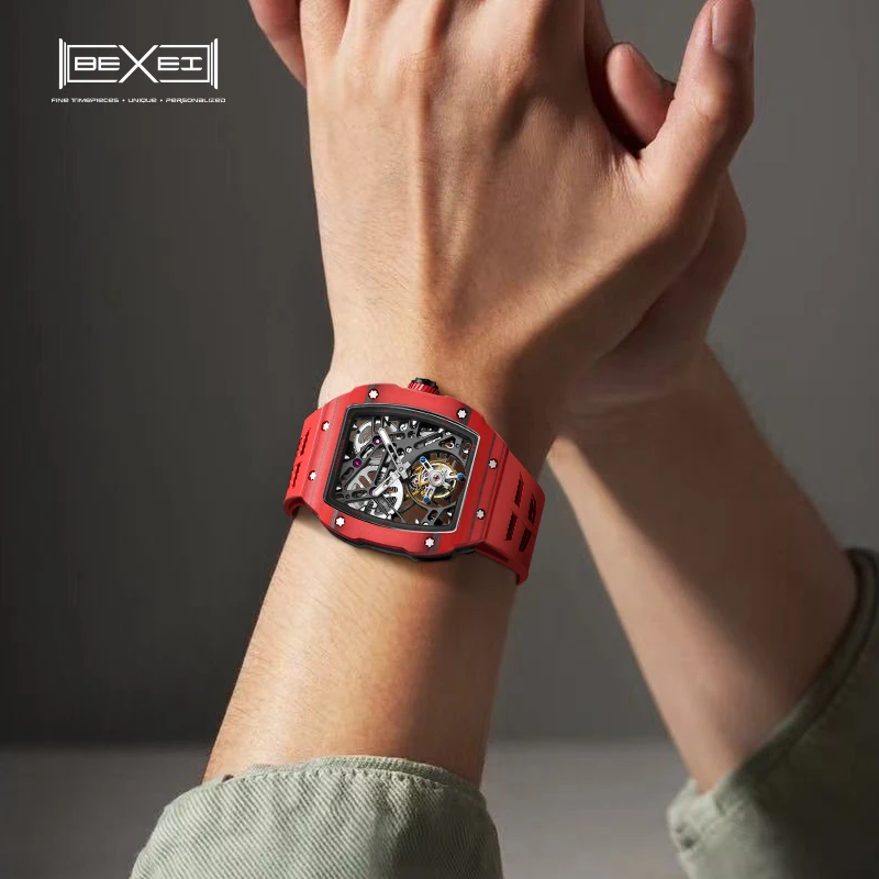 BEXEI ألياف الكربون توربيون حركة رجل ساعة دليل تحلق توربيون الميكانيكية الفاخرة الهيكل العظمي ساعات رجالية 9089 #5