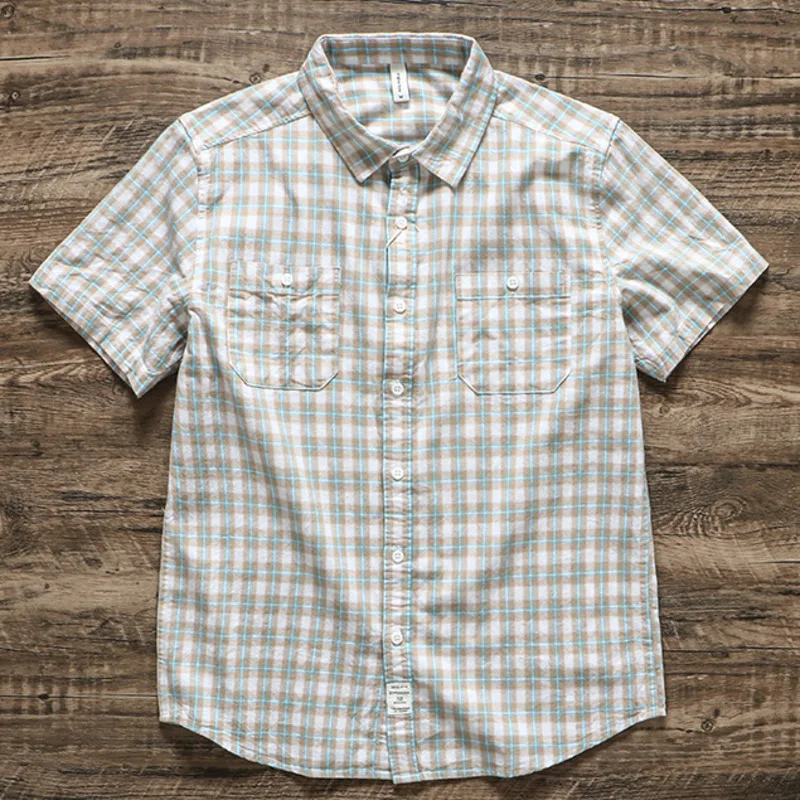 

Men's Summer Fashion Thin Plaid Short Sleeved Shirt Korean Casual Male Double Pockets Half-sleeved Shirt Workwear Classics Tops