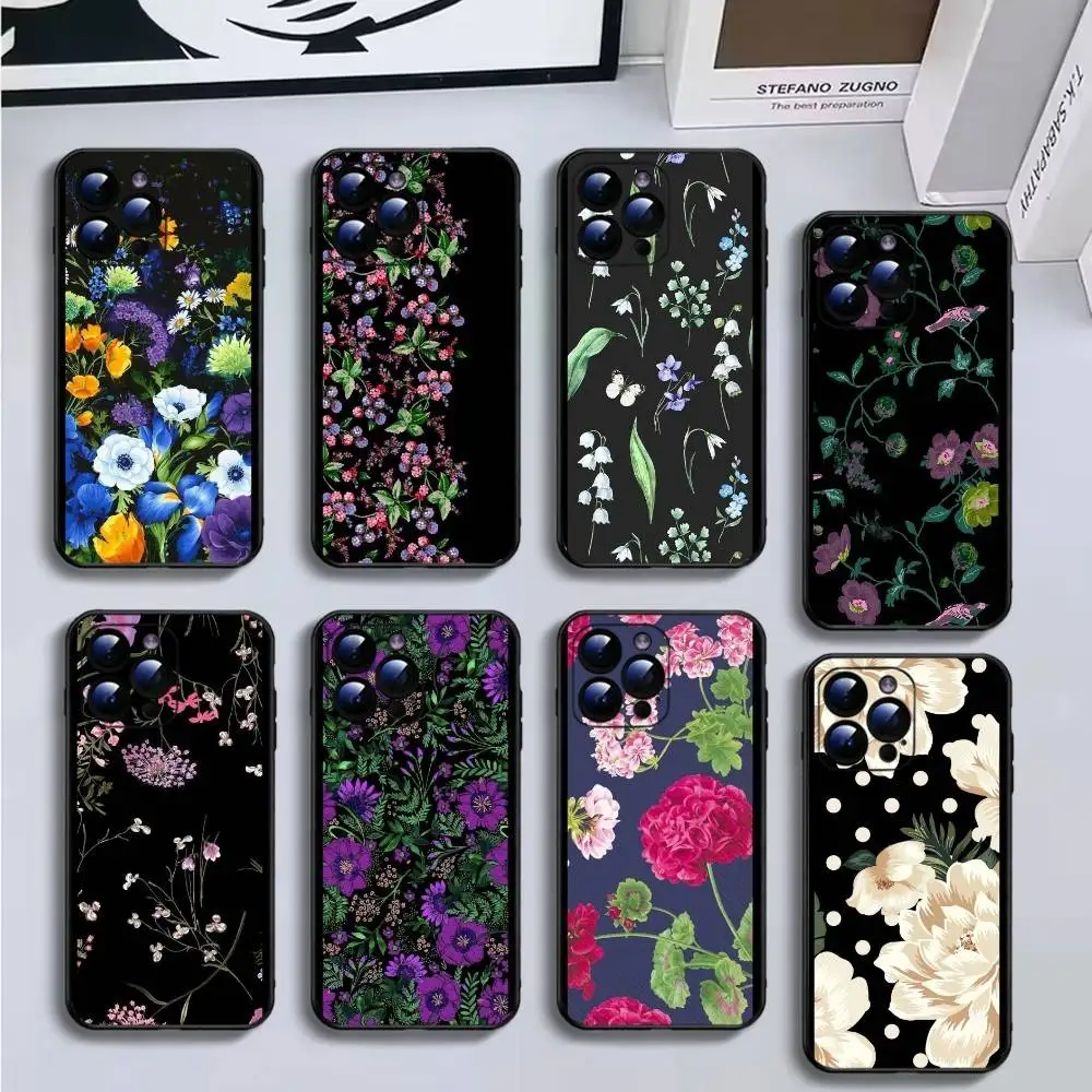 

Vintage flowers Phone Case For iPhone16,15,14,13,12,11 Plus,Pro Max,XS,X,XR,SE,Mini,8,7,Soft Black Cover
