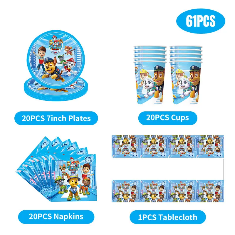 Paw Patrol Verjaardagsfeestje Decoratie Servies Set Stickers Banner   Tafelkleed Achtergrond Blauwe Ballonnen Sleutelhanger Kinderfeestartikelen