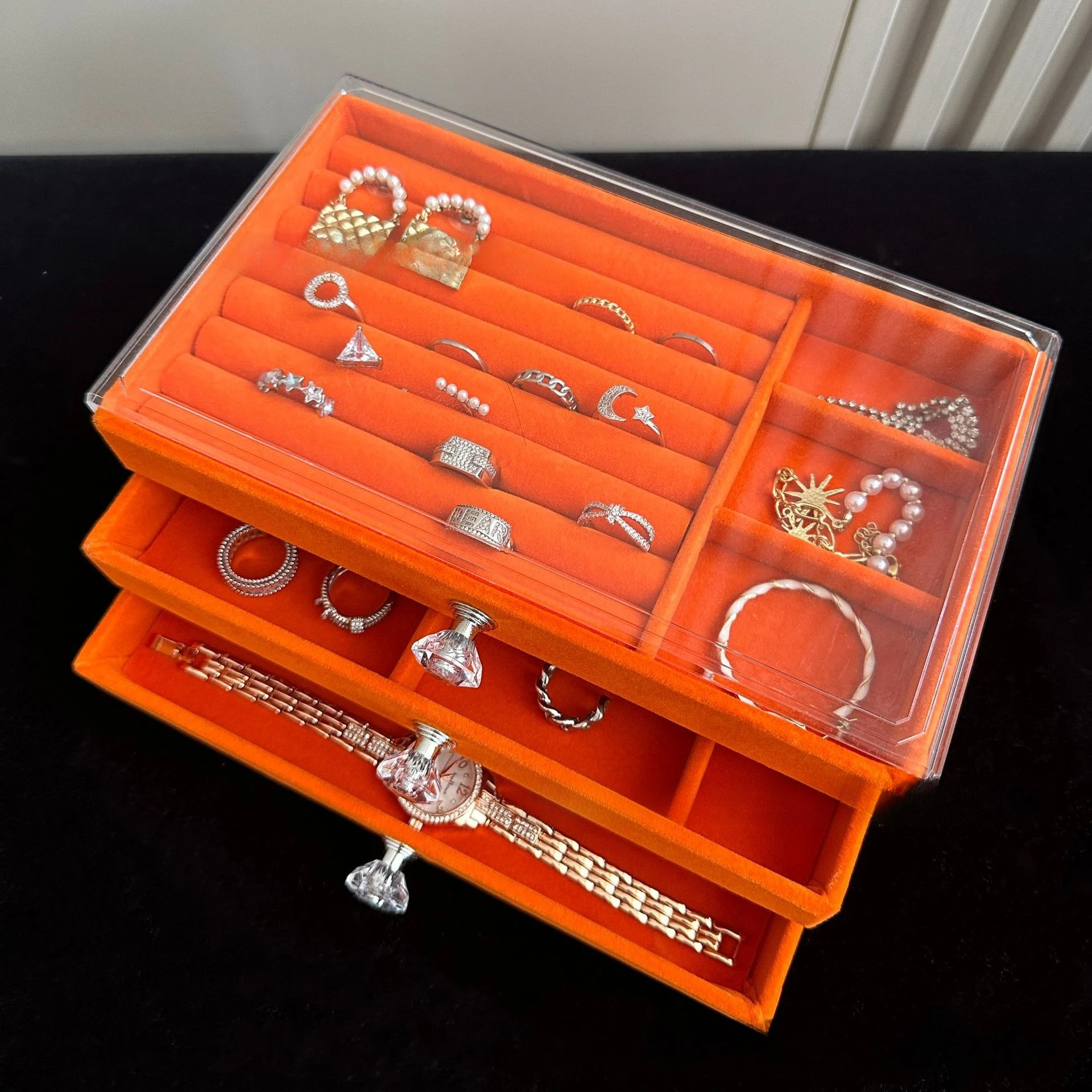 

3-слойная пыленепроницаемая акриловая коробка-органайзер для ювелирных изделий - элегантная прямоугольная витрина, органайзер для хранения ювелирных изделий