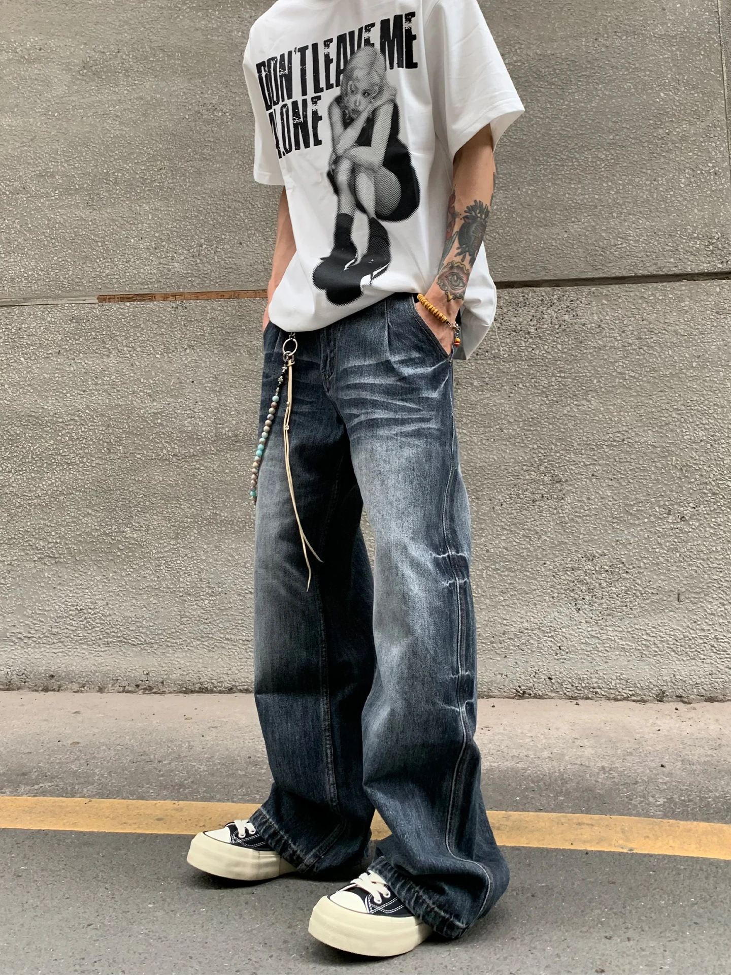 

HY7 Vintage Waed Pleated Men's And Women's Straight Leg Jeans Flared Cuffed Casual Comfortable Breathable All-Match Trousers