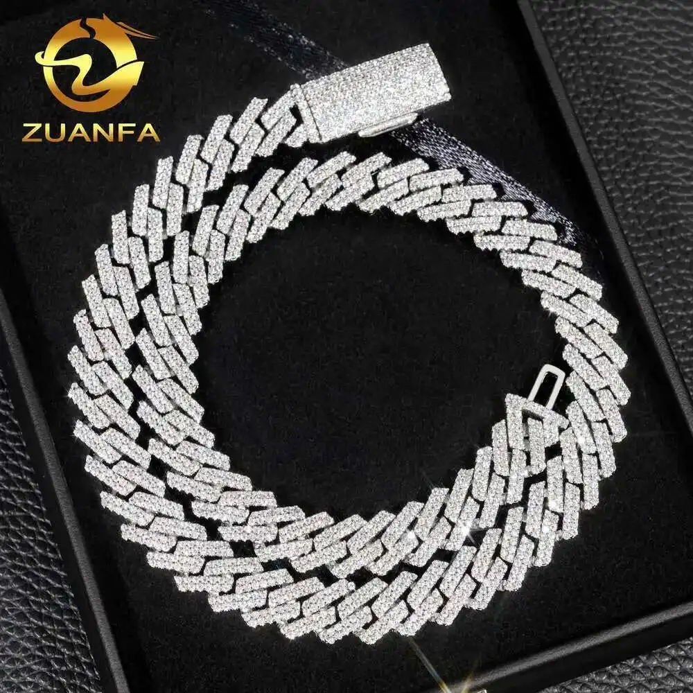

Luxury Jewelry Pass Diamond Tester in Stock Iced Out Two Row Stone 12mm Vvs Moissanite Cuban Chain Necklace
