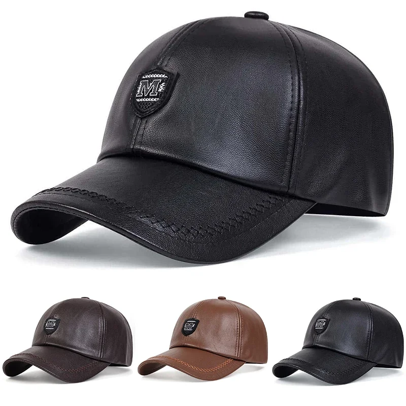 Unisex M Label Leder-Baseballkappen für Frühling und Herbst, verstellbare Freizeithüte für den Außenbereich, Papa-Hut, Sonnenschutzhut