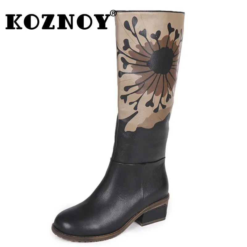 

Koznoy 5cm Natural Genuine Leather Ankle Mid Calf Boots Chunky Heels Ethnic Booties Zipper Autumn Spring Women Shoes Moccasins