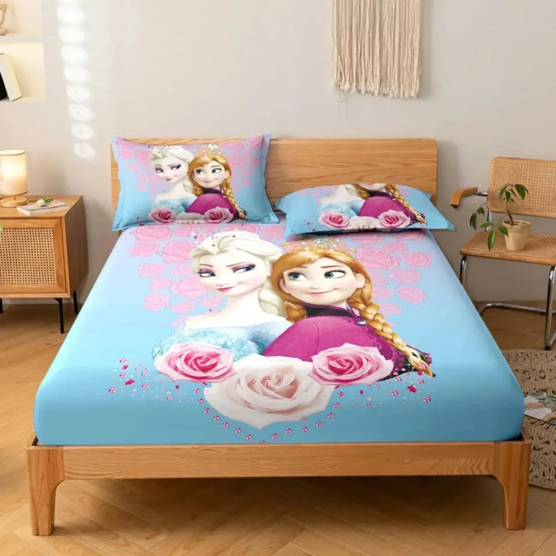 Frozen Bed Sheet Set,Kids Girls Bed Sheet,Cartoon Elsa Anna Printed Fitted Sheet for Single Fitted Bed Sheet with Pillowcase