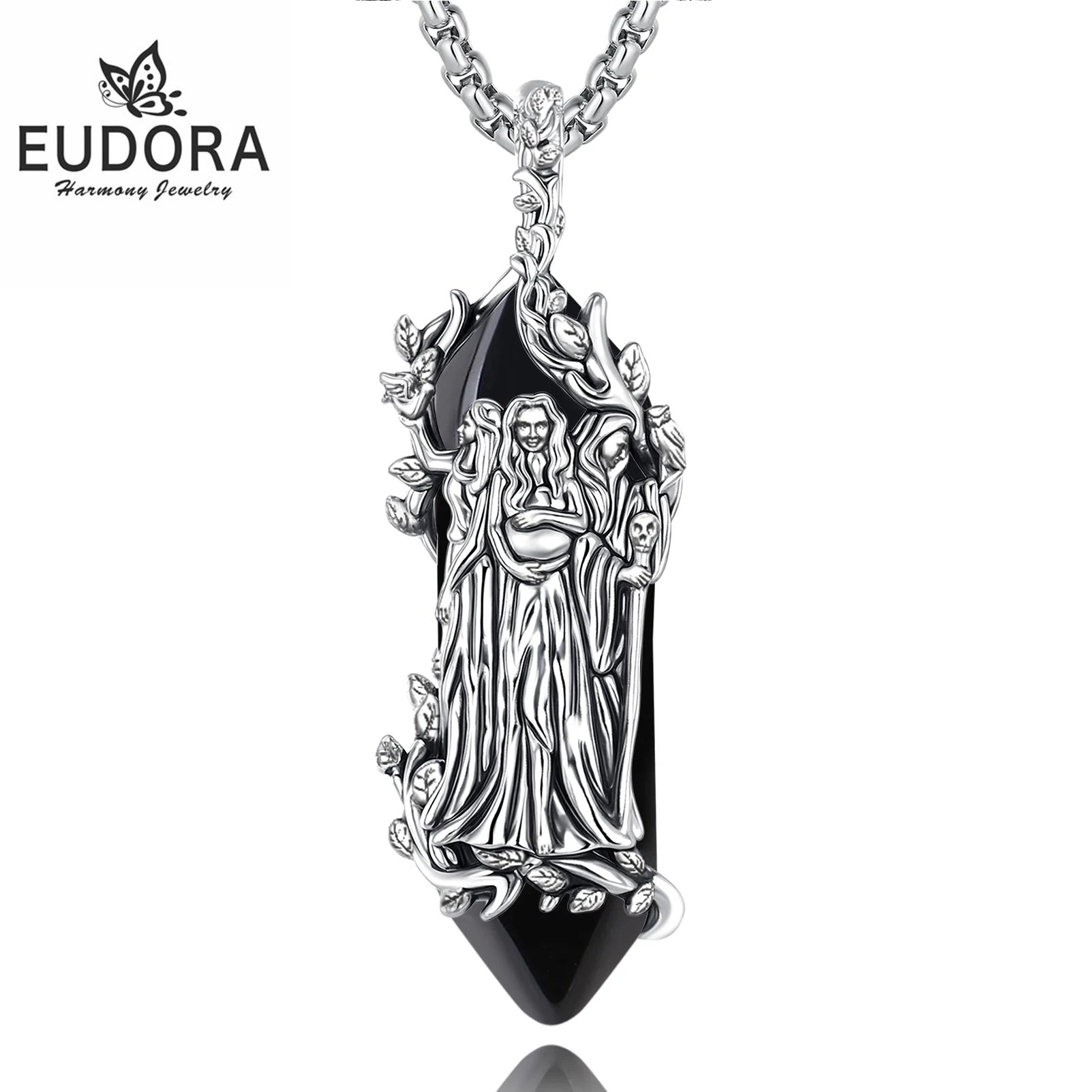

Eudora Obsidian Triple Moon Goddess Necklace Hecate Dog Amulet Pendant Healing Stone Jewelry Spiritual Gift for Women Men