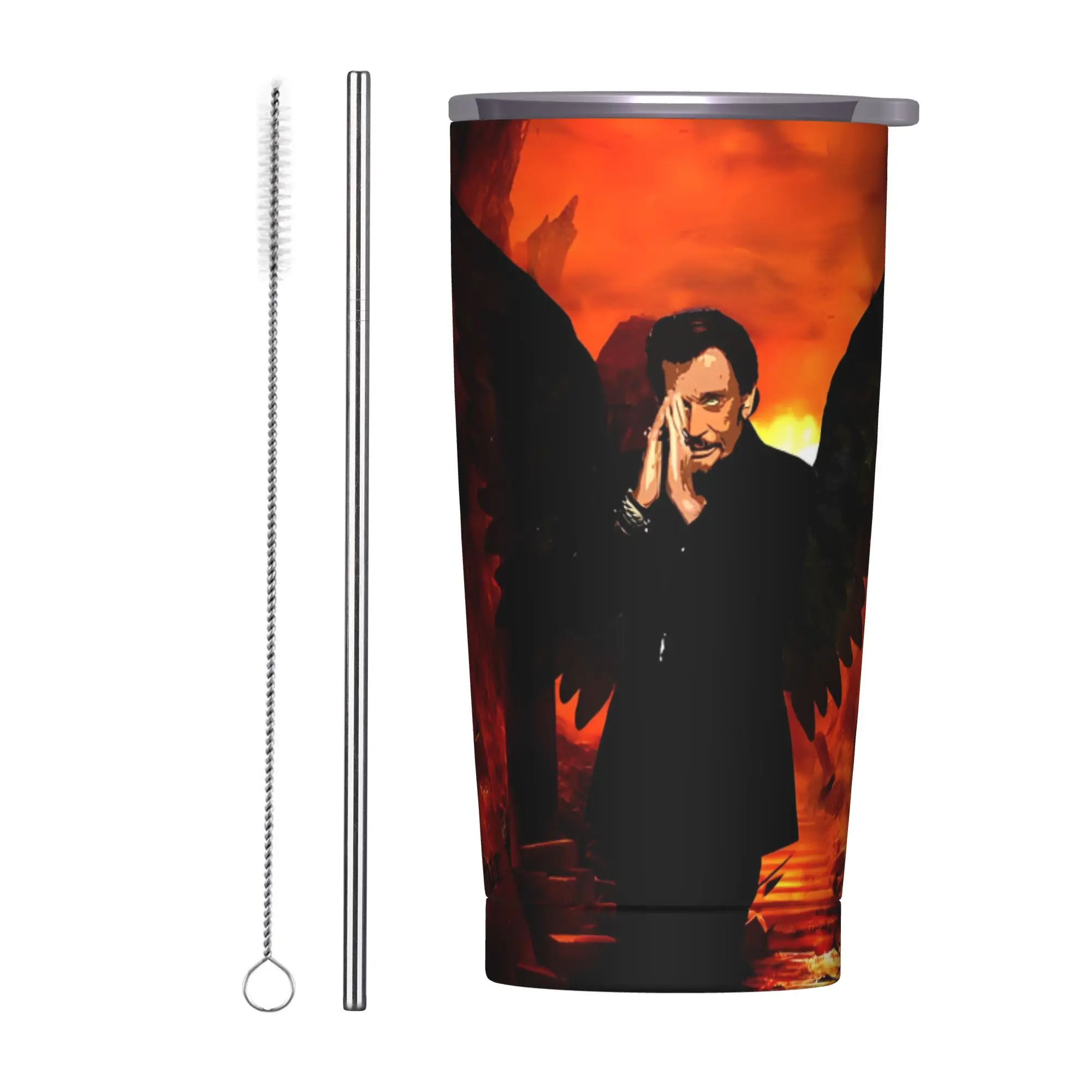 French Singer Rock Star Tumbler Vacuum Insulated Johnny Hallyday  Coffee Cups Vacuum Flask School Mugs Water Bottle, 20oz