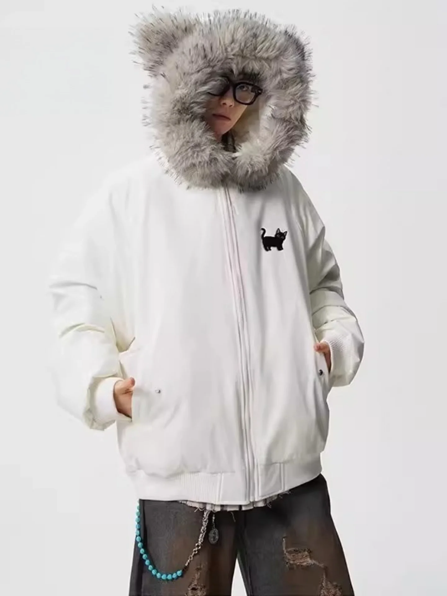 

Thickened Embroidered Collar Hooded Cotton Jacket for Men Winter Warm Casual Style Loose Fit Versatile Cotton Coat