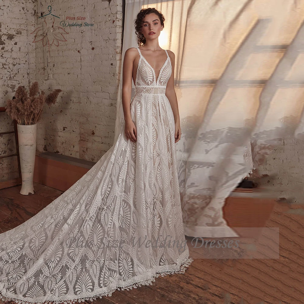 Classic Lace Wedding Dresses Plus Size V Neck Long Sleeves Illusion Bride Gowns Backless Floor Length A-Line Robe De Mariee 2025