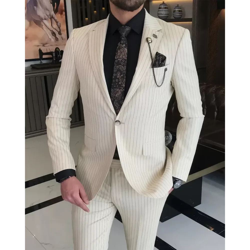 

Chic Striped Men Suits Slim Fit Notch Lapel One Button Outfits Formal Business Casual Fashion Office Daily Basic Male Suit