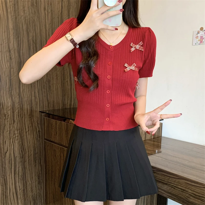 Knitted Shirts Women Korean Clothing Bow Short Sleeve Slim Fit Tops Casual Daily Trendy Fashion Streetwear Skin-friendly Summer