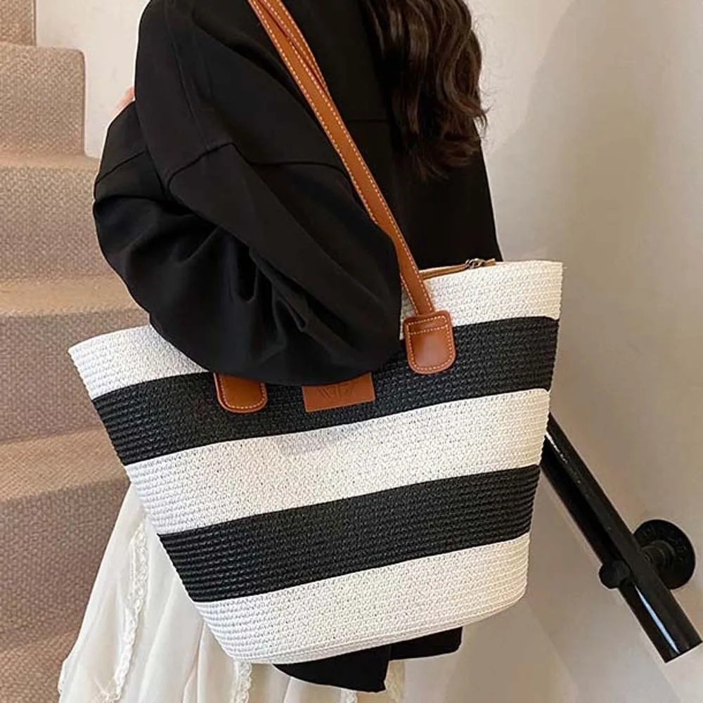 Large Capacity Stripe Woven Tote Bag Polyester Lightweight Shopping Straw Bag Contrast Color Leather Summer Beach Handbag